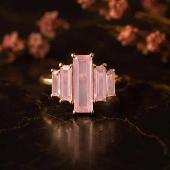 Art Deco Lab Created Rose Quartz Promise Ring, Five Stone Baguette Ring, Yellow Gold Plated Silver Pink Gemstone Jewelry, Romantic Gift for Her