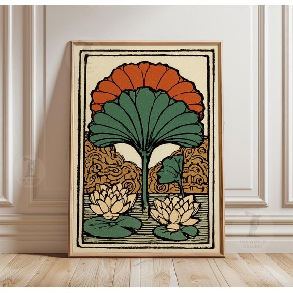 Art Deco Lotus Pond, Symmetrical Floral, Teal Rust Poster Wall Art Print
