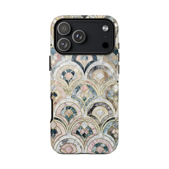 Art Deco Marble Tough Phone Case for iPhone 7–17 Pro Max, Glossy Gold Fan Pattern Dual Layer Shockproof Protective Cover Gift