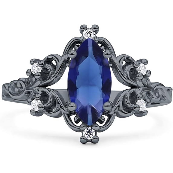 Art Deco Marquise Filigree Engagement Ring Blue Sapphire Cubic Zirconia Black Tone 925 Sterling Silver, Size 6
