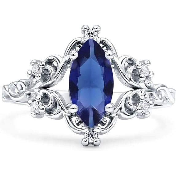 Art Deco Marquise Filigree Engagement Ring Blue Sapphire Cubic Zirconia White Tone 925 Sterling Silver, Size 10
