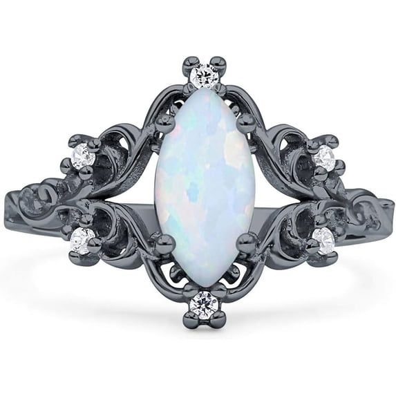 Art Deco Marquise Filigree Engagement Ring White Opal Black Tone 925 Sterling Silver, Size 10