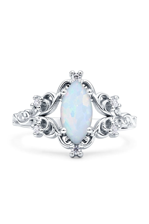 Art Deco Marquise Filigree Engagement Ring White Opal White Tone 925 Sterling Silver, Size 5