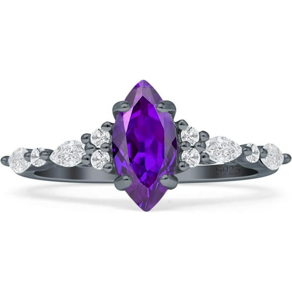 Art Deco Marquise Vintage Style Ring Amethyst Cubic Zirconia Black Tone 925 Sterling Silver, Size 9