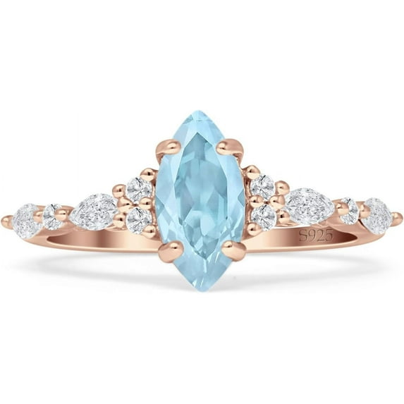 Art Deco Marquise Vintage Style Ring Aquamarine Cubic Zirconia Rose Tone 925 Sterling Silver, Size 6