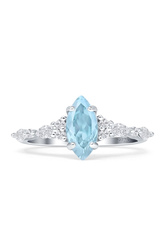 Art Deco Marquise Vintage Style Ring Aquamarine Cubic Zirconia White Tone 925 Sterling Silver, Size 5