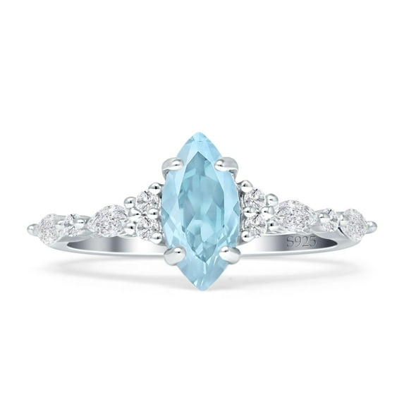 Art Deco Marquise Vintage Style Ring Aquamarine Cubic Zirconia White Tone 925 Sterling Silver, Size 8