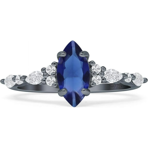 Art Deco Marquise Vintage Style Ring Blue Sapphire Cubic Zirconia Black Tone 925 Sterling Silver, Size 7