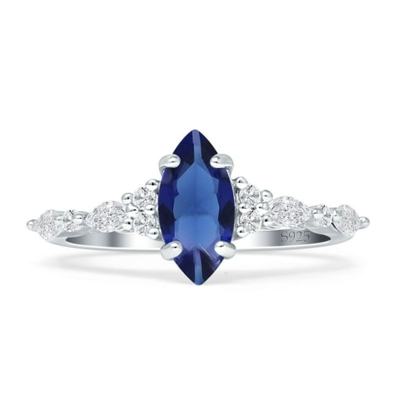 Art Deco Marquise Vintage Style Ring Blue Sapphire Cubic Zirconia White Tone 925 Sterling Silver, Size 7