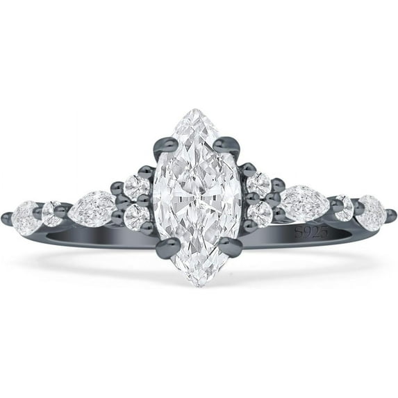 Art Deco Marquise Vintage Style Ring Cubic Zirconia Black Tone 925 Sterling Silver, Size 8