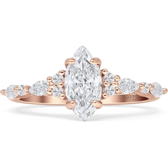 Art Deco Marquise Vintage Style Ring Cubic Zirconia Rose Tone 925 Sterling Silver, Size 5