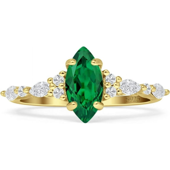 Art Deco Marquise Vintage Style Ring Green Emerald Cubic Zirconia Yellow Tone 925 Sterling Silver, Size 5