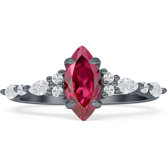 Art Deco Marquise Vintage Style Ring Ruby Cubic Zirconia Black Tone 925 Sterling Silver, Size 7