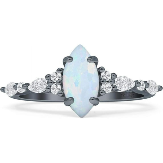 Art Deco Marquise Vintage Style Ring White Opal Cubic Zirconia Black Tone 925 Sterling Silver, Size 5