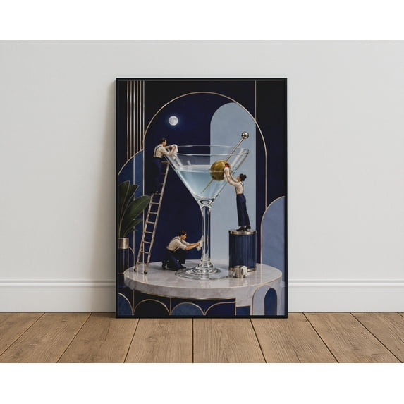 Art Deco Martini Print, Blue Cocktail Bar Wall Art, Quirky Surreal ...