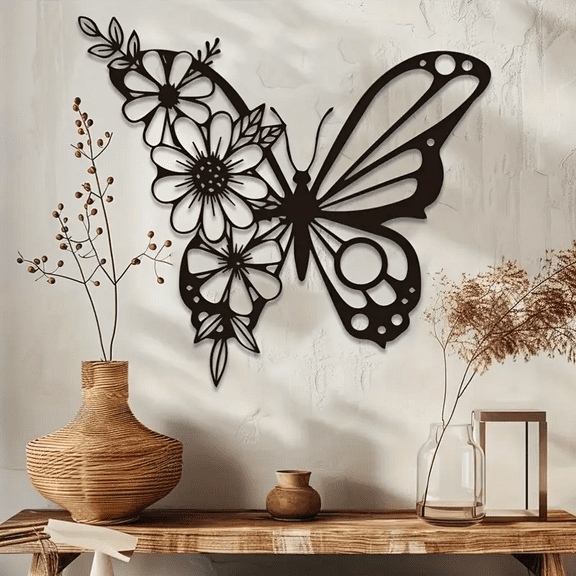 Art Deco Metal Butterfly Daisy Wall Sculpture, Elegant Home Office Decor Gift