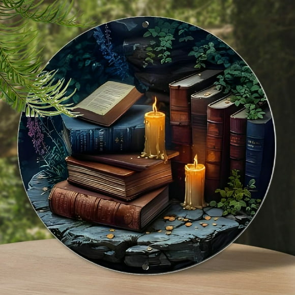 Art Deco Metal Library Themed Decoration - 8x8 Inch Round Aluminum Flat Sign for Office, Home, Wall Art Decor - Waterproof, No Electricity Required, Featherless