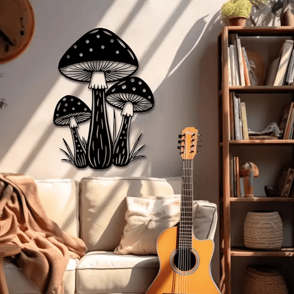 Art Deco Metal Mushroom Wall Sculpture, Indoor or Outdoor Iron Art Decor