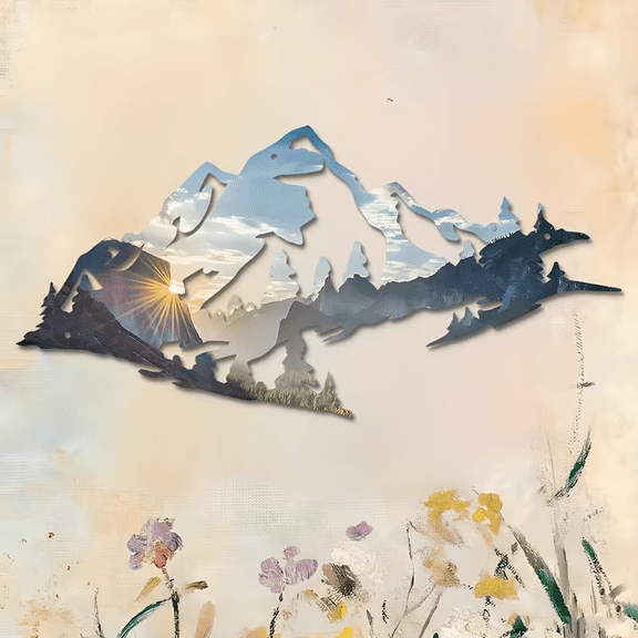 Art Deco Metal Wall Art, Colorful Mountain and Forest Wall Sculpture
