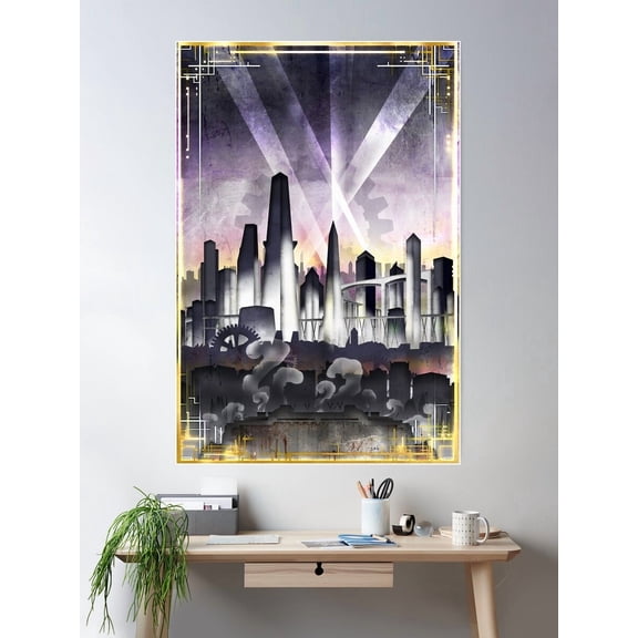 Art Deco Metropolis - Steampunk Vintage City Skyline Poster Wall Art, Modern Wall Decor For Living Room Bedroom, 8x12 UNFRAMED