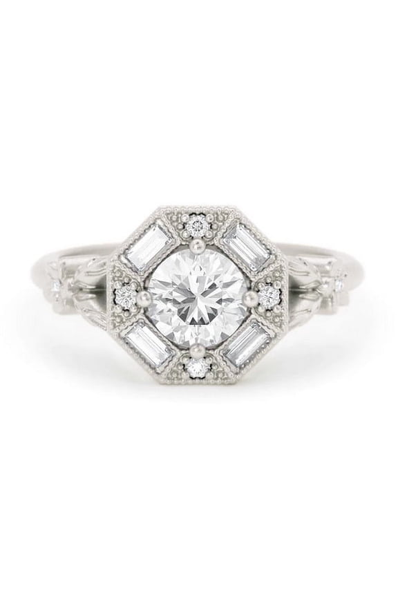Art Deco Milgrain Hexagon Halo Diamond Ring 2.1 Ct Diamond 14K White Gold Over