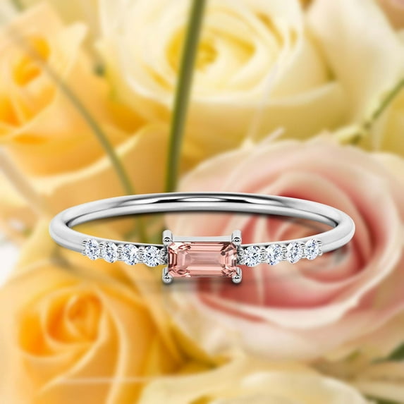 Art Deco Minimalist 0.75 Carat Emerald Cut Morganite And Diamond Moissanite Engagement Ring, Wedding Ring In 10K Solid White Gold, Gift For Her, Promise Ring, Anniversary Gift, Minimal Design