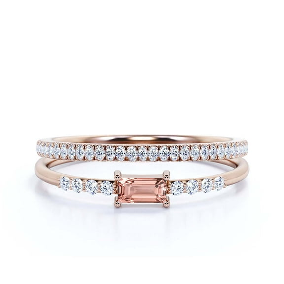 Art Deco Minimalist 1.25 Carat Emerald Cut Morganite And Diamond Moissanite Engagement Ring, Wedding Ring in 10k Solid Rose Gold, Promise Ring, Anniversary Gift, Minimal Design, Bridal Rings Set
