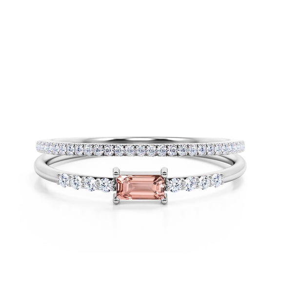 Minimalist 1.25 Carat Emerald Cut Morganite & Moissanite Bridal Set in 10k White Gold