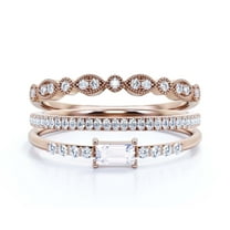 Art Deco Minimalist 1.75 Carat Emerald Cut Diamond Moissanite Engagement Ring, Wedding Ring in 10k Solid Rose Gold, Gift For Her, Promise Ring, Anniversary Gift, Minimal Design, Trio Rings Set