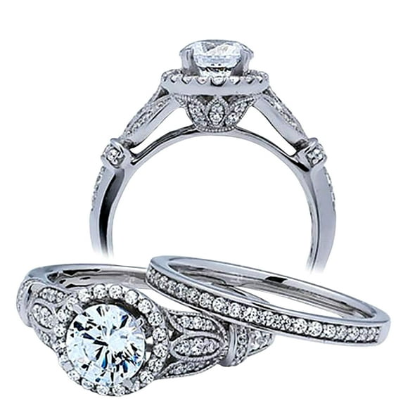 Art Deco Moissanite Diamond Ring Bridal Set Matching Band 2.50 Carat 925 Sterling Silver With 18K White Gold Plating, Promise Ring, Anniversary Ring