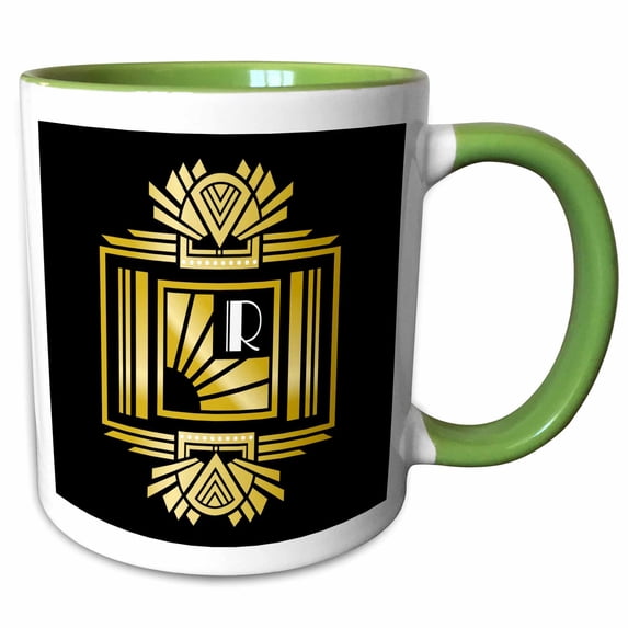 3drose, Art Deco Monogram Letter R- Gold Effect and White on Black Background, 11oz Two-tone Green Mug