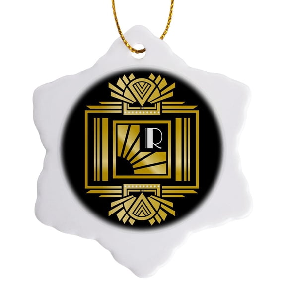 3drose, Art Deco Monogram Letter R- Gold Effect and White on Black Background, 3 inch Snowflake Porcelain Ornament
