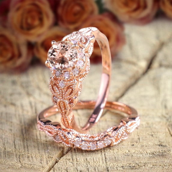 Art Deco Morganite Bridal Set 3 carat 6mm Round Cut Morganite Diamond Moissanite Halo Wedding Ring Set with 18k Gold Plating