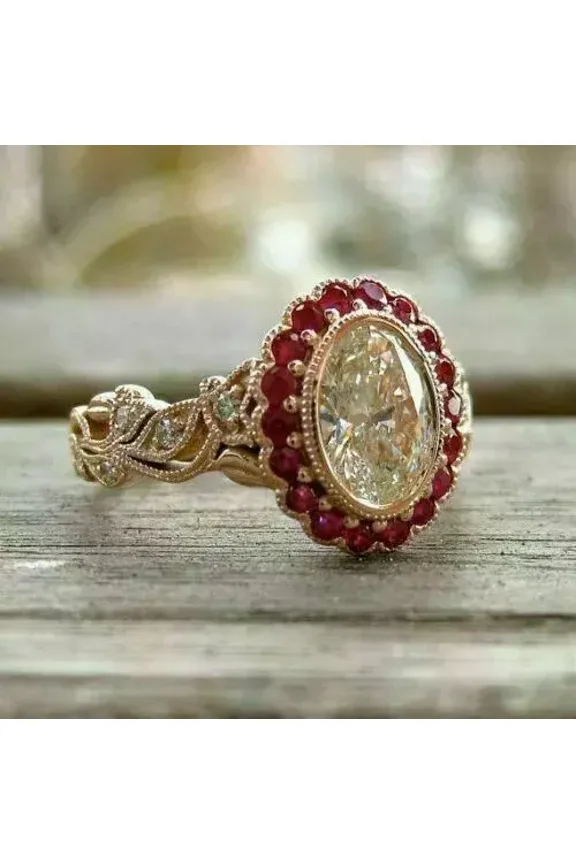 Art Deco Oval Cut Lab Created Diamond & Ruby Halo Wedding Bridal 925 Silver Ring