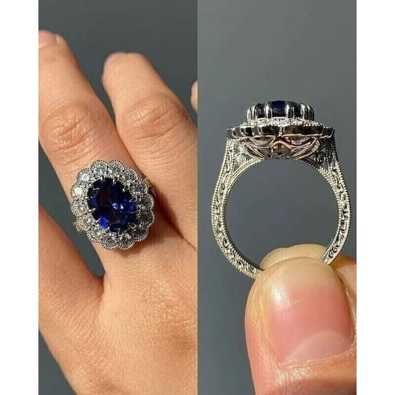 Art Deco Oval Cut Lab Created Sapphire Halo 925 Silver Engagement Ring 14K White Gold Plated Silver