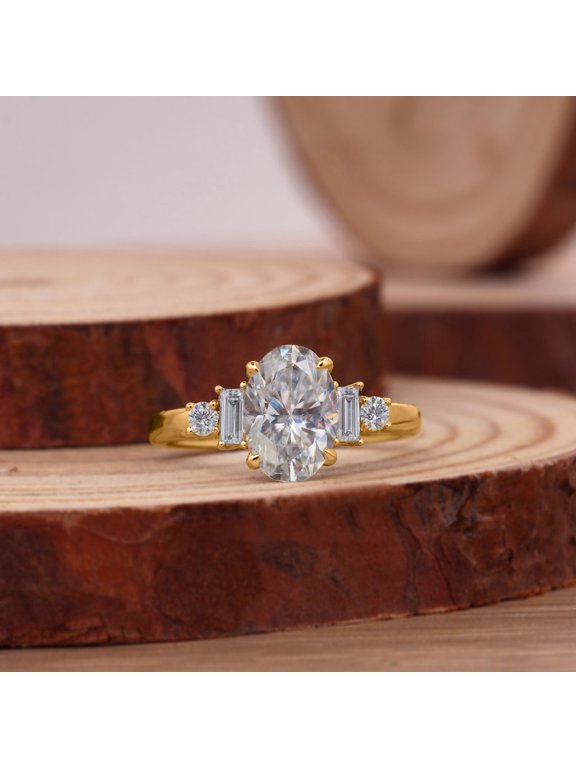 Art Deco Oval Moissanite Five Stone Ring, Unique Vintage Inspired Proposal Ring for Her, Lab Grown Diamond Alternative Anniversary Jewelry