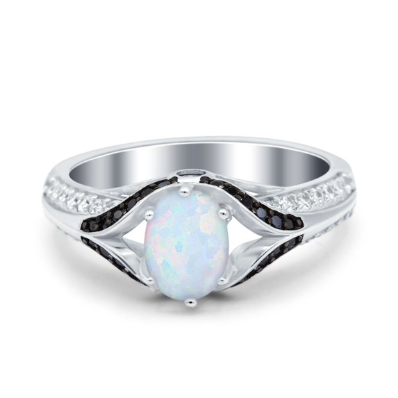Art Deco Oval Ring Black Lab-Created White Opal 925 Sterling Silver Size 6