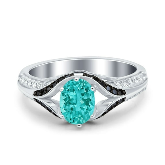 Art Deco Oval Ring Black Simulated Paraiba Tourmaline Cubic Zirconia 925 Sterling Silver Size 6