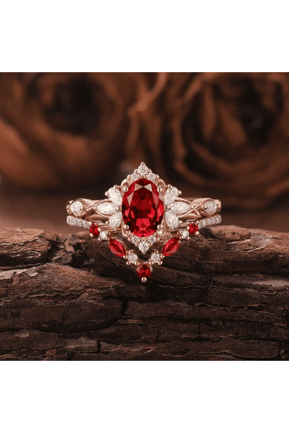 Art Deco Oval Shaped Ruby & Diamond Engagement Ring Set in 14k Rose Gold Vermeil - Delicate Diamond Cluster Ring For Womens