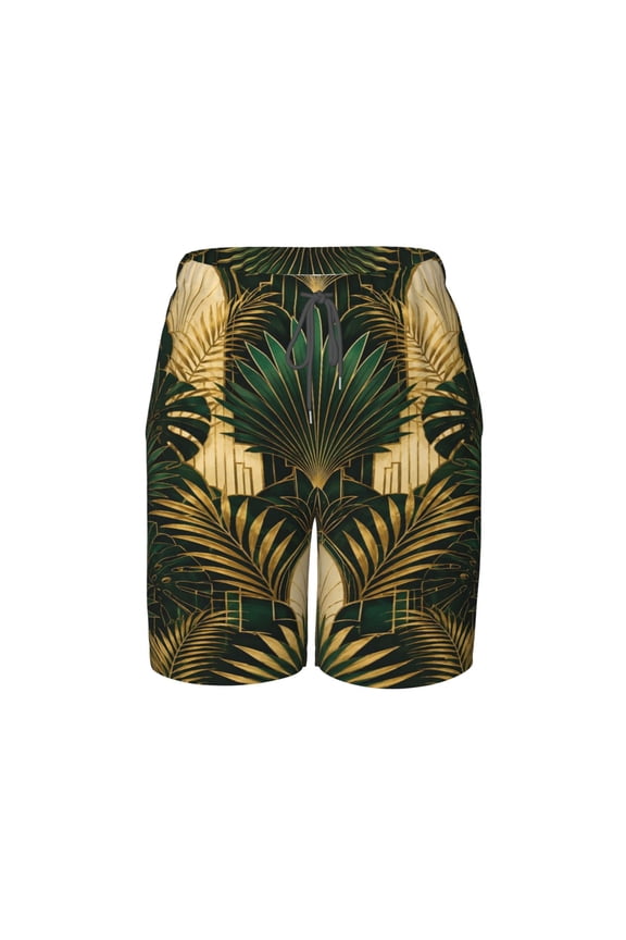 Art Deco Palm Leaf Beach Pants Lightweight Teen Shorts with Mesh Lining and Drawstring