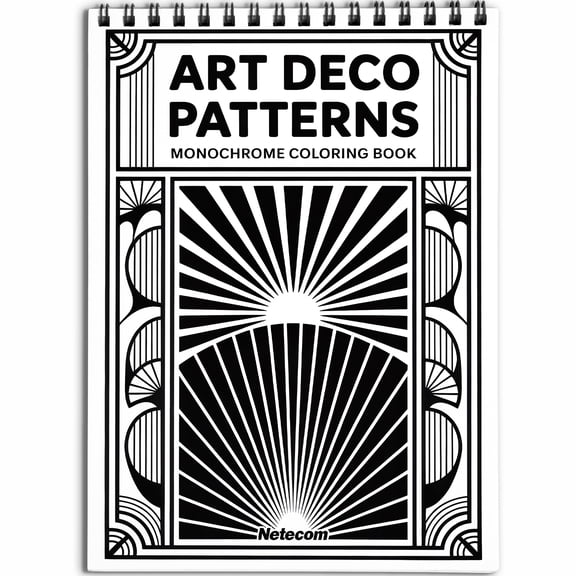 Art Deco Patterns Monochrome Coloring Book Spiral Bound for Adults, Softcover, Relaxing One-Color Illustrations with Abstract Shapes and Vintage Motifs for Mindfulness, Stress Relief