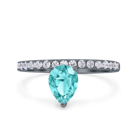 Art Deco Pear Teardrop Ring Black Tone Paraiba Tourmaline CZ 925 Sterling Silver Size 6