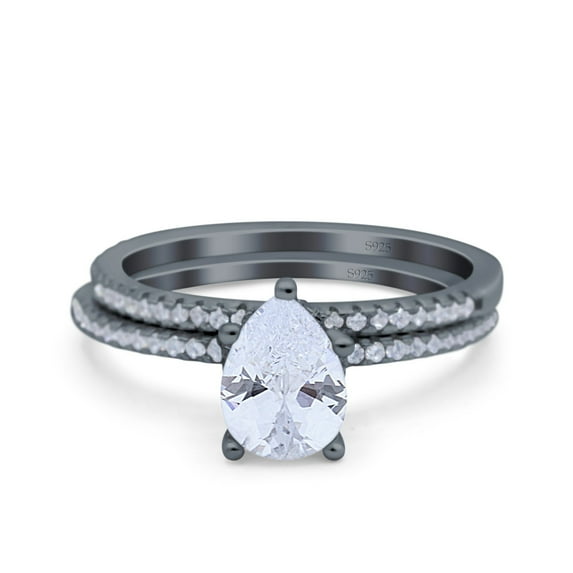 Art Deco Pear Wedding Engagement Set Ring Size-10 Simulated CZ 925 Sterling Silver