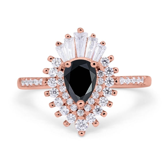 Art Deco Pear Wedding Ring Rose Tone Simulated Black CZ 925 Sterling Silver Size 7