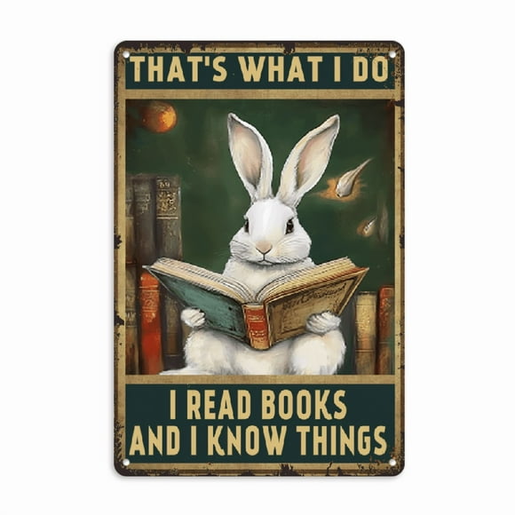 Art Deco Rabbit Reading Books Metal iron Sign, Wall Hanging Decorative Plaque, Multipurpose Indoor Poster, No Electricity Needed, with Fun Gift for Library, Coffee Shop