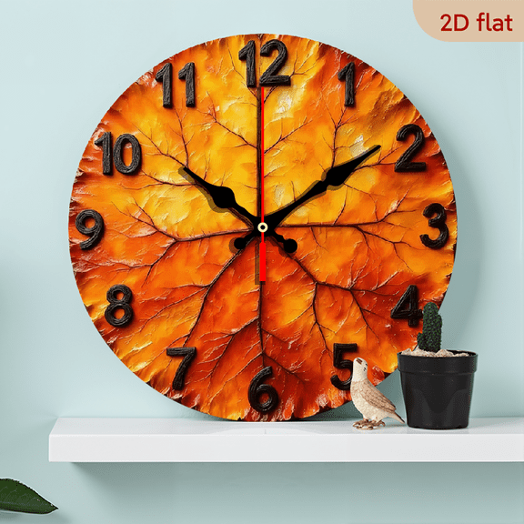 2D Flat 1pc 10Inch Yellow leaves design wooden Wall Clocks, mute, Wooden Frame, Perfect for Home, Kitchen, Pool or Bathroom Decor, Home Wall Decoration, Vibrant Artwork Clock, Fine Craftsmanship