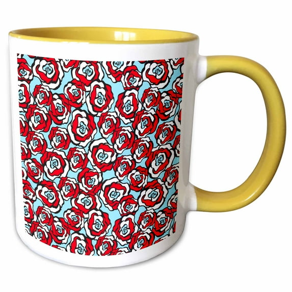 3drose, Art Deco Red and Blue Roses Floral Pattern, 15oz Two-tone Yellow Mug
