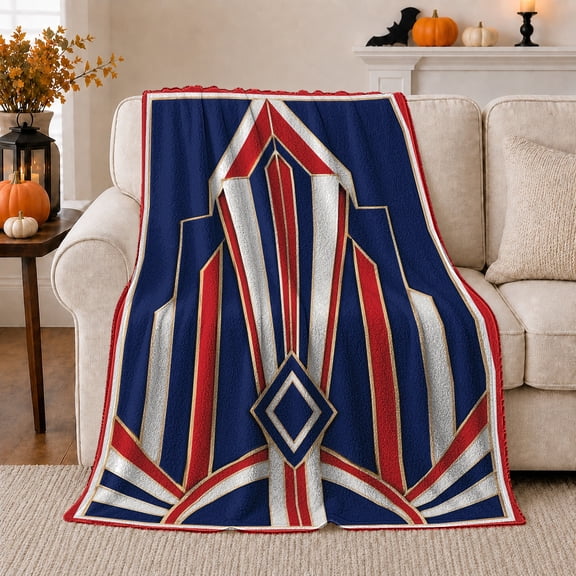 Art Deco Red White Blue Stripe Design, Elegant Patriotic Style for Americana Fans, Diamond Column Motif and Housewarming Gift, Soft Flannel Blanket for Bedroom and Guest Room, Home Decor