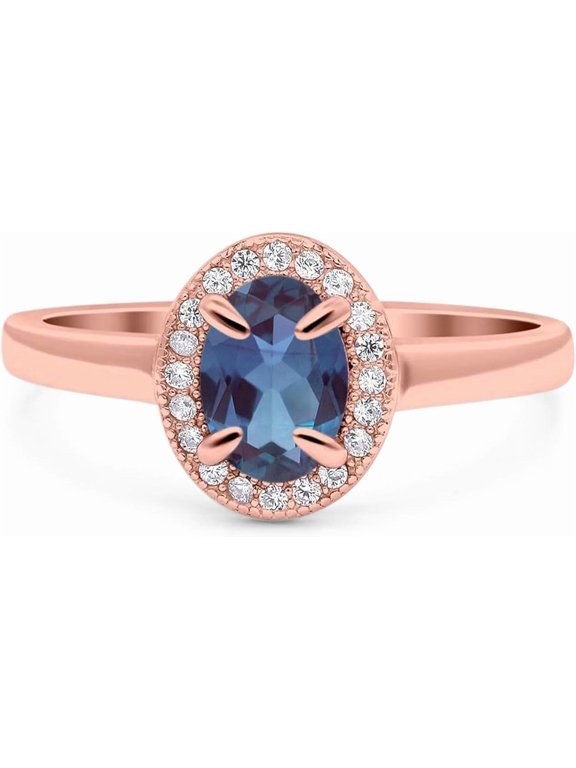 Art Deco Ring Oval Lab Alexandrite Vintage Rings Beaded Design Halo CZ Wedding Engagement Ring For Women 925 Sterling Silver Gifts For Her