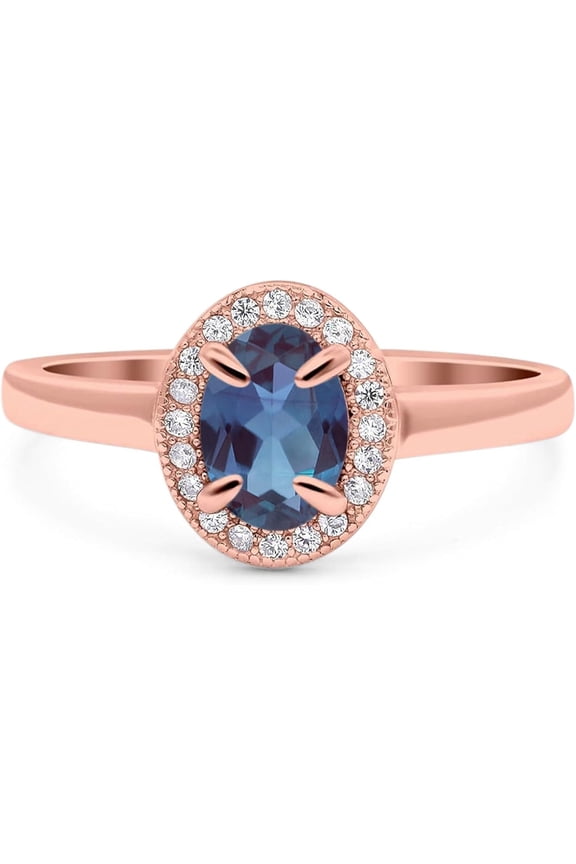 Art Deco Ring Oval Lab Alexandrite Vintage Rings Beaded Design Halo CZ Wedding Engagement Ring For Women 925 Sterling Silver Gifts For Her